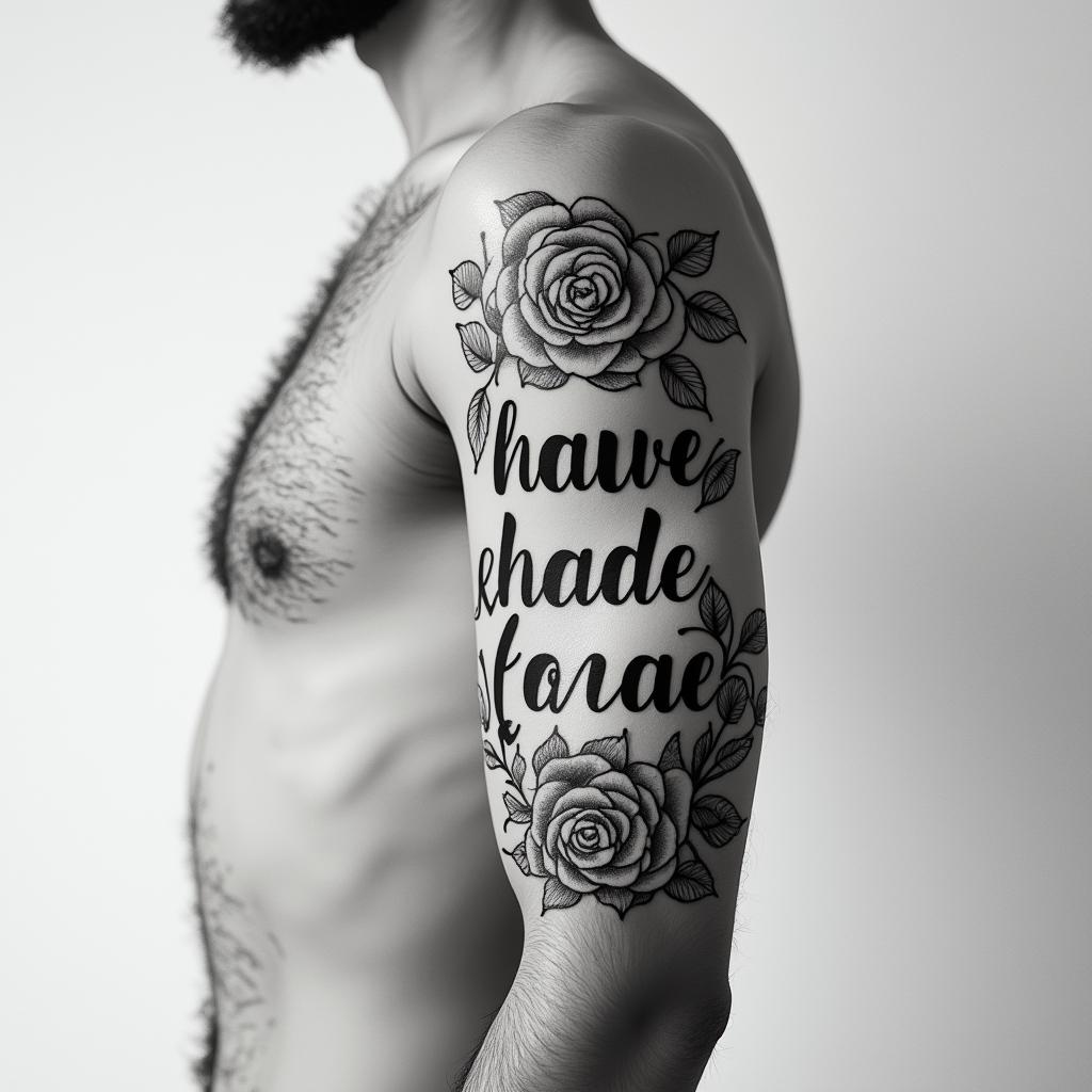 Unique namein elegant cursive calligraphy style 2d tattoo, decorate with roses, featuring a smooth and flowing handwritten script with slightly thickened strokes for a luxurious and bold appearance,  heart symbol between names,  sleek and glossy black text with shadowing, minimalist matte white background, clean and sharp edges, illuminated with soft lighting, romantic, 8k, high-quality textures with refined typography