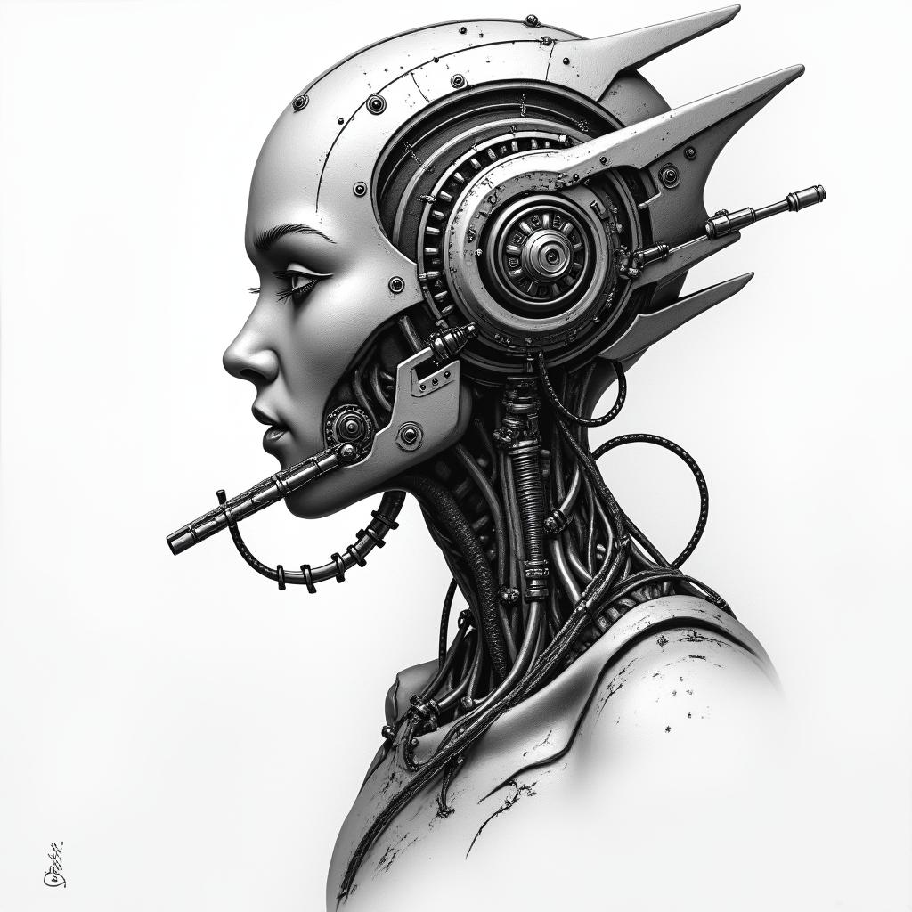 Clayton, Capricorn, Melbournetattoo in biomechanic style, the tattoo covered by robotic elements of futuristic cyberpunk design, robotic features detail, showcasing intricate mechanical components - Variation 3