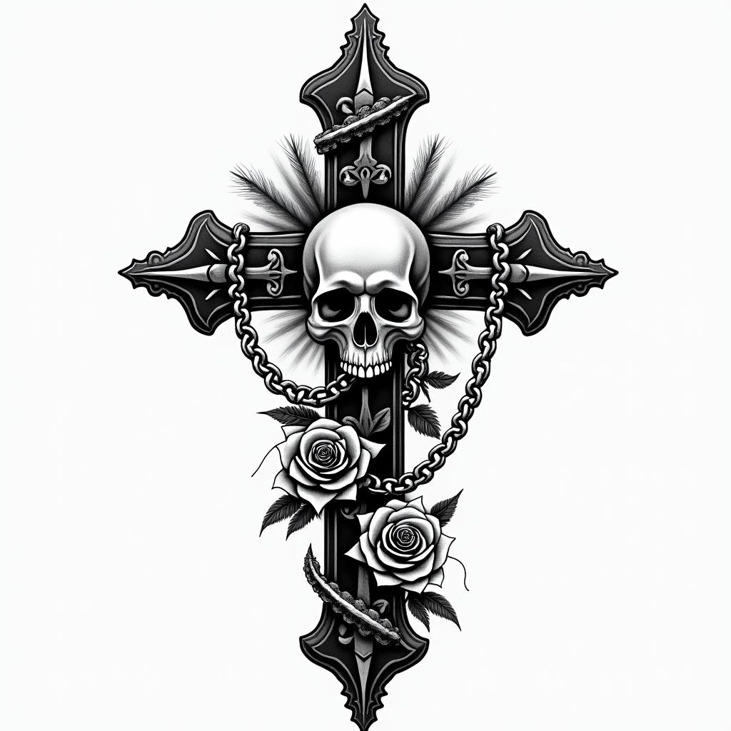 Clayton, Capricorn, Melbournein chicano style tattoo, featuring intricate black and grey shading, bold elements of traditional chicano culture symbols, add a big cross with skull, chains and roses