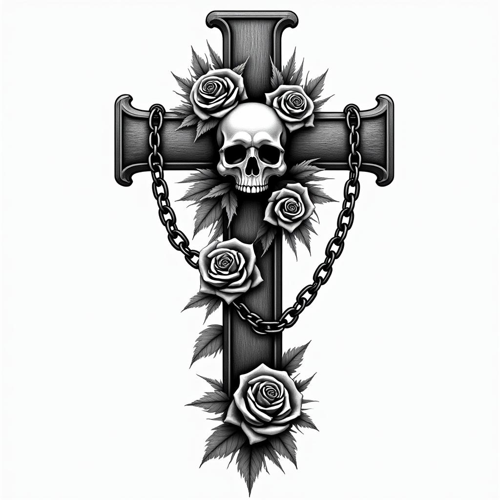 Clayton, Capricorn, Melbournein chicano style tattoo, featuring intricate black and grey shading, bold elements of traditional chicano culture symbols, add a big cross with skull, chains and roses - Variation 2
