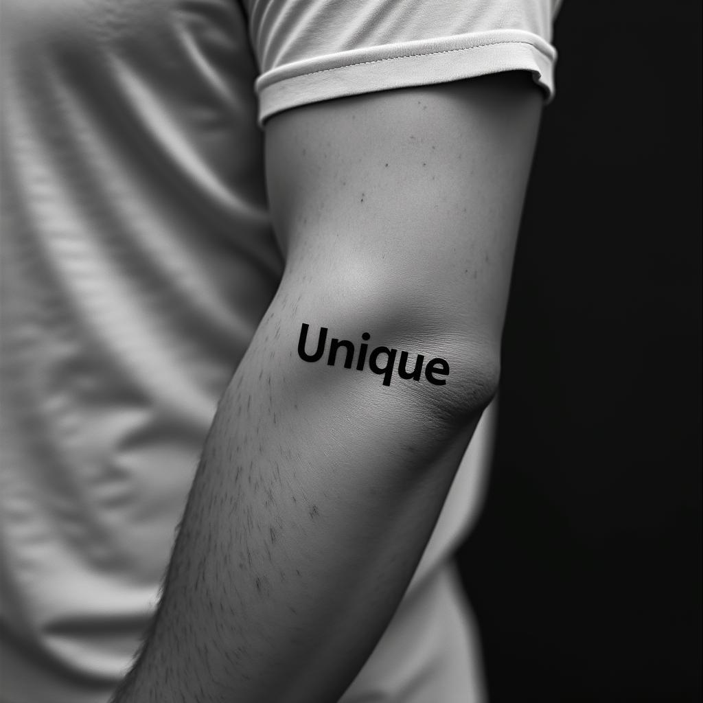 “UNIQUE”minimalist text-based tattoo, Monospace font ultra-realistic, perfectly placed, high-quality font design, photo-realistic shading, 8k, high quality, finely detailed typograph - Variation 8