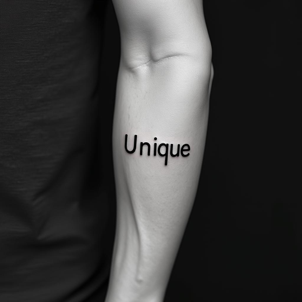 “UNIQUE”minimalist text-based tattoo, Monospace font ultra-realistic, perfectly placed, high-quality font design, photo-realistic shading, 8k, high quality, finely detailed typograph - Variation 7