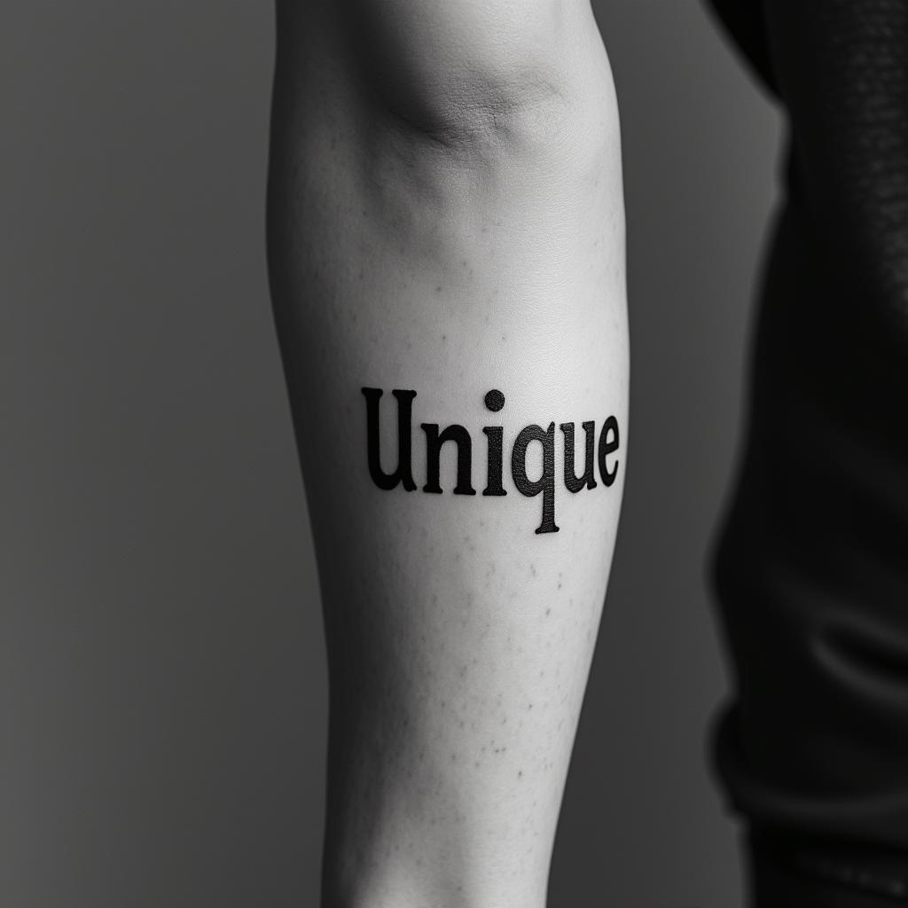 “UNIQUE”minimalist text-based tattoo, Monospace font ultra-realistic, perfectly placed, high-quality font design, photo-realistic shading, 8k, high quality, finely detailed typograph - Variation 5