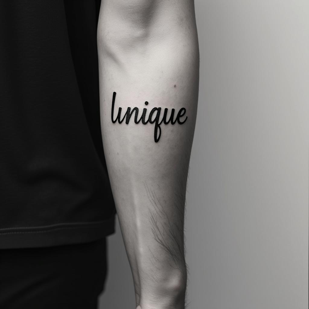 “UNIQUE”minimalist text-based tattoo, Monospace font ultra-realistic, perfectly placed, high-quality font design, photo-realistic shading, 8k, high quality, finely detailed typograph - Variation 6