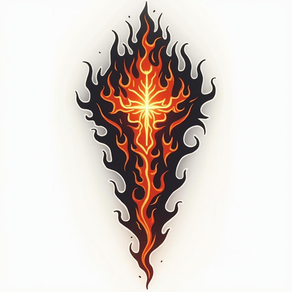 Sacredin flame tattoo style showcasing fiery elements with dynamic flame patterns, glowing effect of flames, natural colors