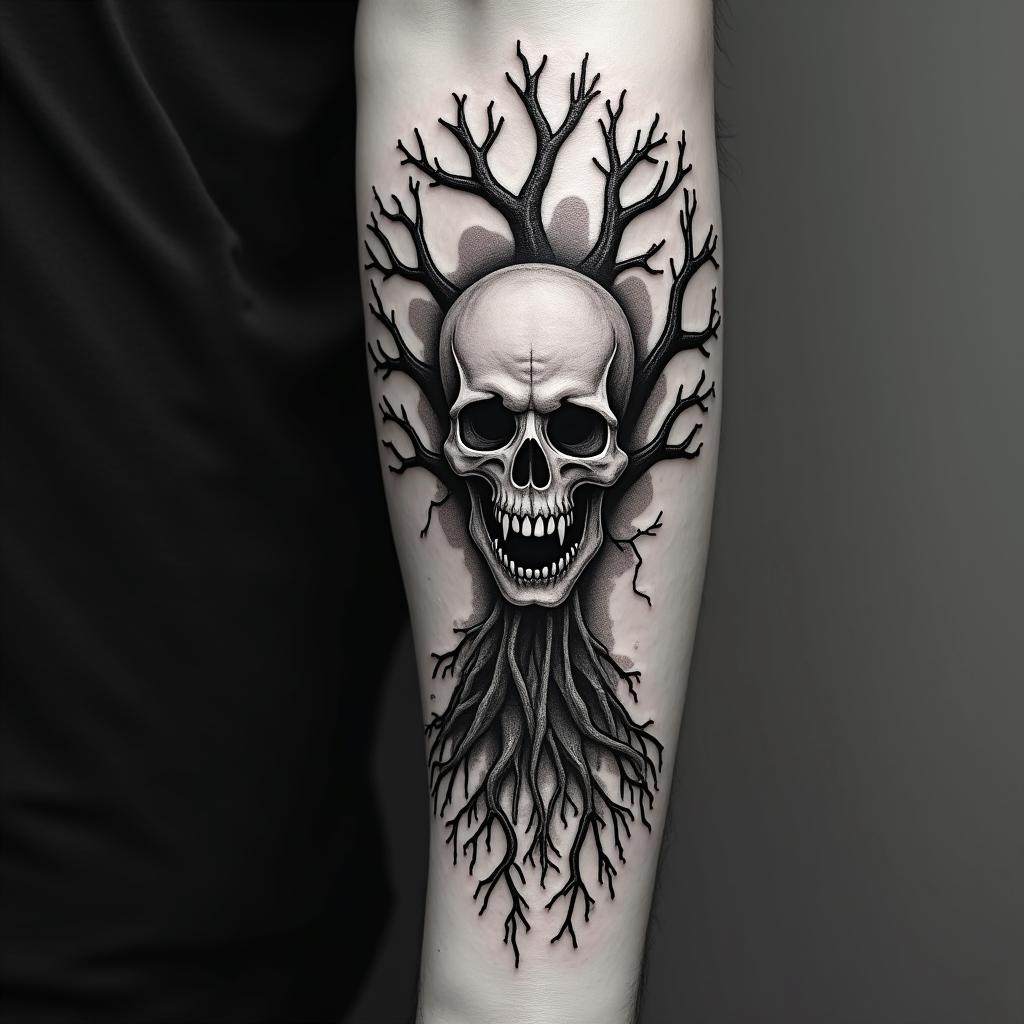 Tree of life with roots and branchescreepy horror tattoo style, featuring an eerie and unsettling skull of a demonic creature, distorted face with sharp fangs, add pentagram symbol - Variation 11
