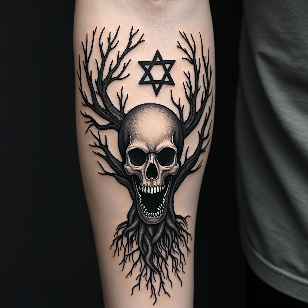 Tree of life with roots and branchescreepy horror tattoo style, featuring an eerie and unsettling skull of a demonic creature, distorted face with sharp fangs, add pentagram symbol - Variation 9