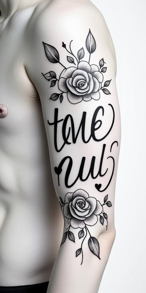 “UNIQUE”in elegant cursive calligraphy style 2d tattoo, decorate with roses, featuring a smooth and flowing handwritten script with slightly thickened strokes for a luxurious and bold appearance,  heart symbol between names,  sleek and glossy black text with shadowing, minimalist matte white background, clean and sharp edges, illuminated with soft lighting, romantic, 8k, high-quality textures with refined typography - Variation 3