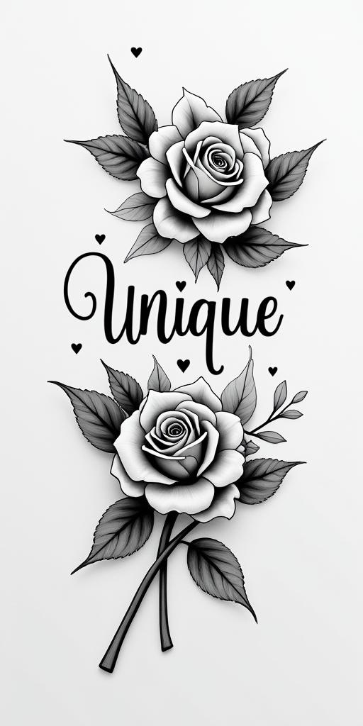 “UNIQUE”in elegant cursive calligraphy style 2d tattoo, decorate with roses, featuring a smooth and flowing handwritten script with slightly thickened strokes for a luxurious and bold appearance,  heart symbol between names,  sleek and glossy black text with shadowing, minimalist matte white background, clean and sharp edges, illuminated with soft lighting, romantic, 8k, high-quality textures with refined typography - Variation 4