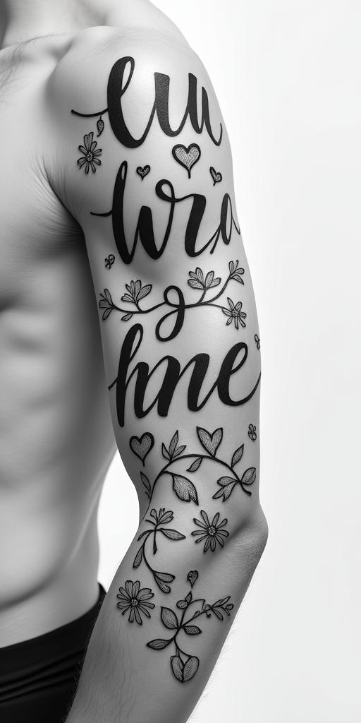 “UNIQUE”in elegant cursive calligraphy style 2d tattoo, decorate with roses, featuring a smooth and flowing handwritten script with slightly thickened strokes for a luxurious and bold appearance,  heart symbol between names,  sleek and glossy black text with shadowing, minimalist matte white background, clean and sharp edges, illuminated with soft lighting, romantic, 8k, high-quality textures with refined typography