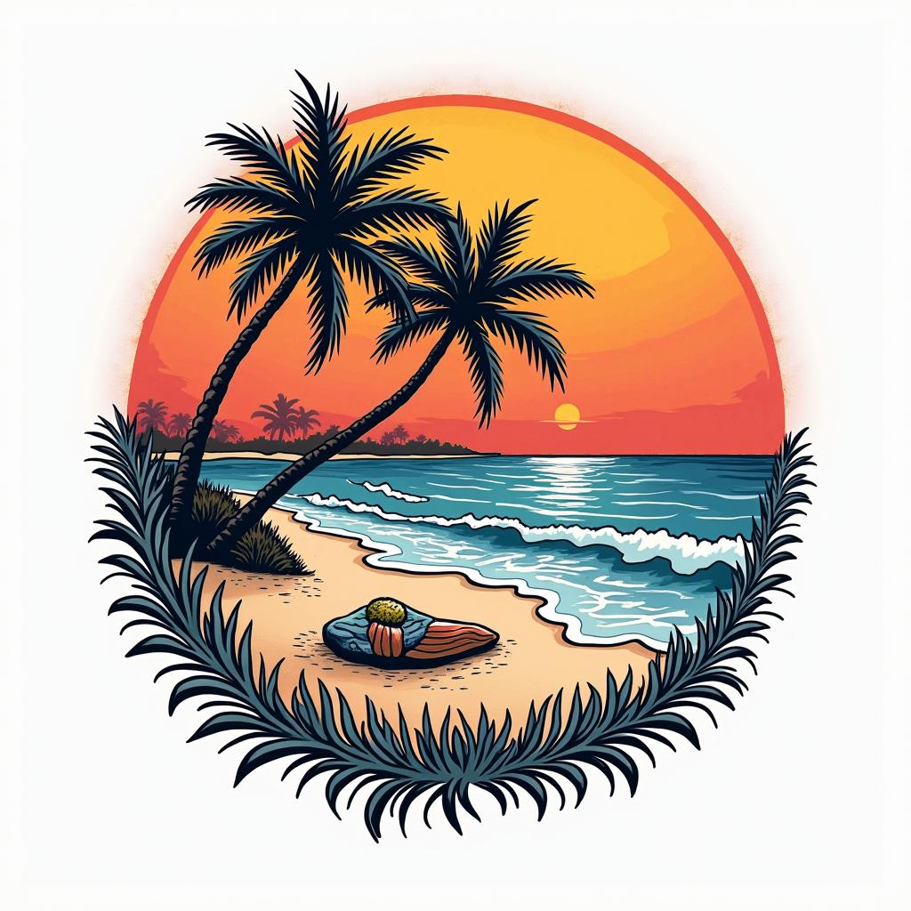 Beach scenein pop art style tattoo, featuring bold and vibrant colors, exaggerated outlines, iconic imagery, inspired by comic books and speech bubbles, comic book characters, retro pop culture - Variation 2