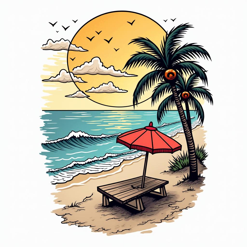Beach scenein pop art style tattoo, featuring bold and vibrant colors, exaggerated outlines, iconic imagery, inspired by comic books and speech bubbles, comic book characters, retro pop culture