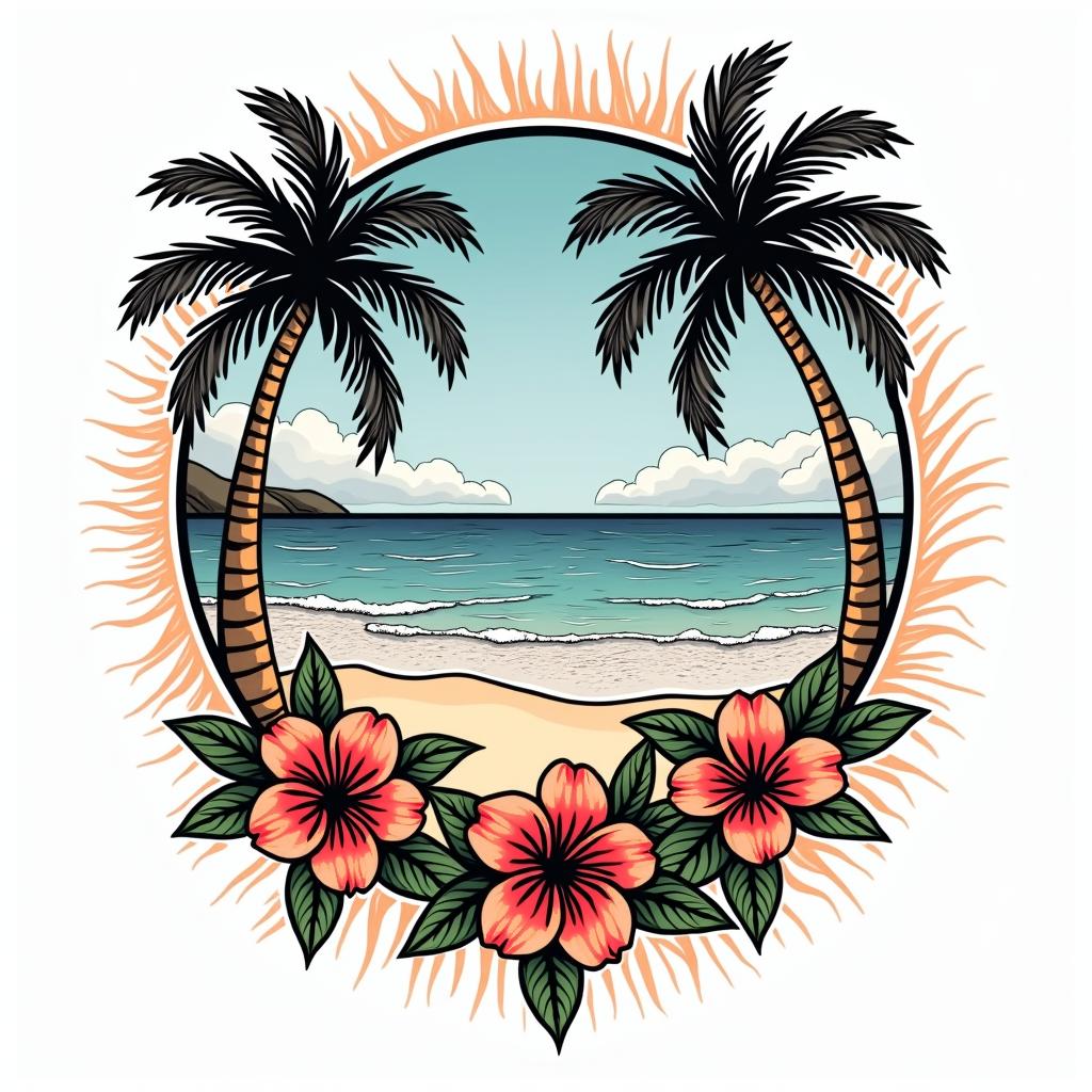 Beach scenein pop art style tattoo, featuring bold and vibrant colors, exaggerated outlines, iconic imagery, inspired by comic books and speech bubbles, comic book characters, retro pop culture - Variation 4