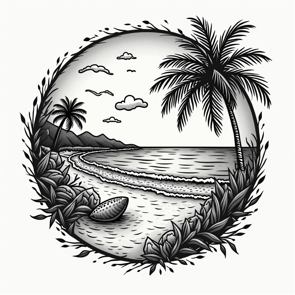 Beach scenein pop art style tattoo, featuring bold and vibrant colors, exaggerated outlines, iconic imagery, inspired by comic books and speech bubbles, comic book characters, retro pop culture - Variation 3
