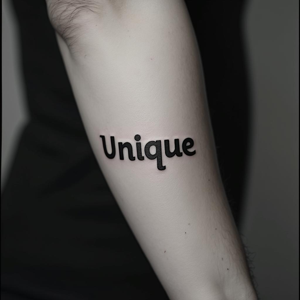 “UNIQUE”minimalist text-based tattoo, Monospace font ultra-realistic, perfectly placed, high-quality font design, photo-realistic shading, 8k, high quality, finely detailed typograph - Variation 4