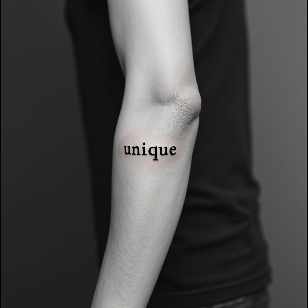 “UNIQUE”minimalist text-based tattoo, Monospace font ultra-realistic, perfectly placed, high-quality font design, photo-realistic shading, 8k, high quality, finely detailed typograph - Variation 2
