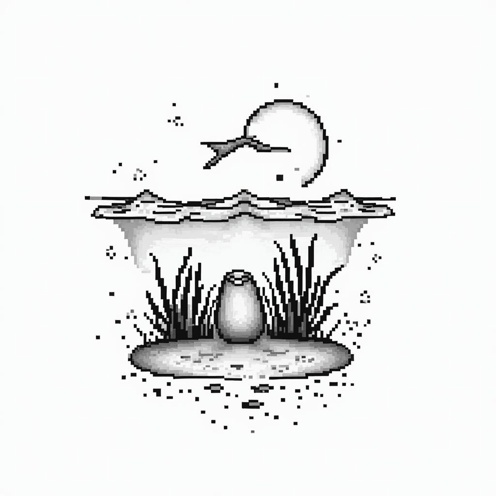 Under water beach themein 8-bit tattoo style, minimalistic pixel style tattoo, pixel art with simplified shapes and retro gaming visuals, inspired by 8-bit pixel based detailing - Variation 2