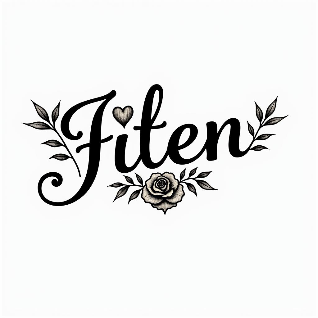 Fifteenin elegant cursive calligraphy style 2d tattoo, decorate with roses, featuring a smooth and flowing handwritten script with slightly thickened strokes for a luxurious and bold appearance,  heart symbol between names,  sleek and glossy black text with shadowing, minimalist matte white background, clean and sharp edges, illuminated with soft lighting, romantic, 8k, high-quality textures with refined typography - Variation 2