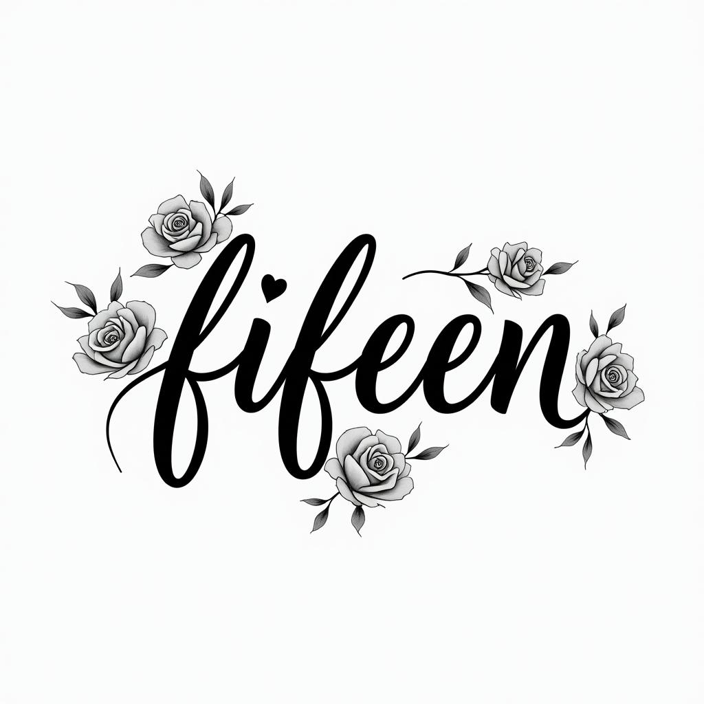 Fifteenin elegant cursive calligraphy style 2d tattoo, decorate with roses, featuring a smooth and flowing handwritten script with slightly thickened strokes for a luxurious and bold appearance,  heart symbol between names,  sleek and glossy black text with shadowing, minimalist matte white background, clean and sharp edges, illuminated with soft lighting, romantic, 8k, high-quality textures with refined typography - Variation 3