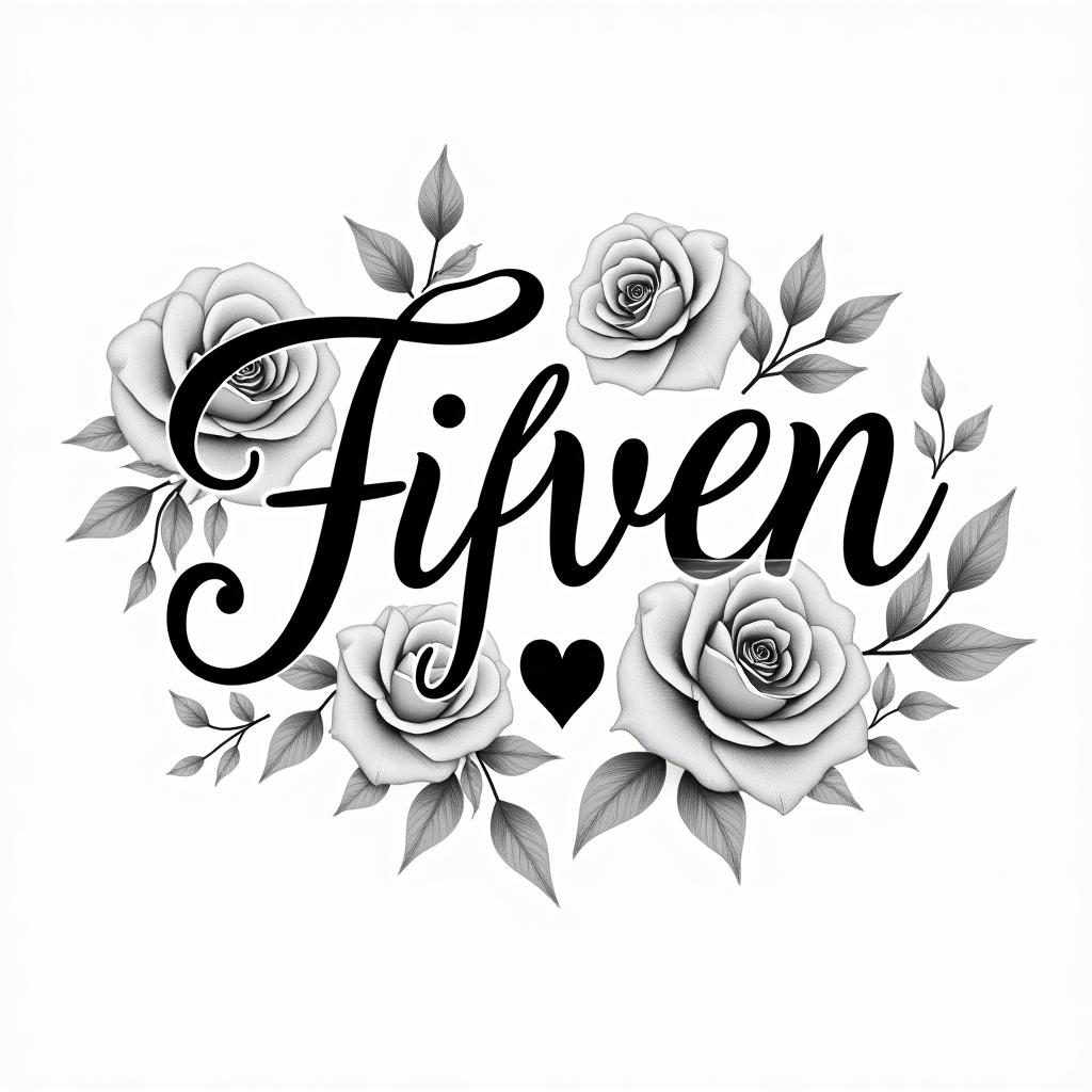 Fifteenin elegant cursive calligraphy style 2d tattoo, decorate with roses, featuring a smooth and flowing handwritten script with slightly thickened strokes for a luxurious and bold appearance,  heart symbol between names,  sleek and glossy black text with shadowing, minimalist matte white background, clean and sharp edges, illuminated with soft lighting, romantic, 8k, high-quality textures with refined typography