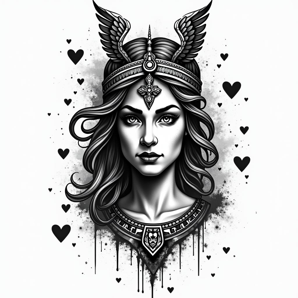 Athena, the goddess of war, firein graffiti style tattoo, featuring bold and dynamic street art elements, spray-paint texture with exaggerated lines and expressive, chaotic brushstrokes, intricate lettering incorporated with graffiti tags, symbols like hearts, stars, and wings