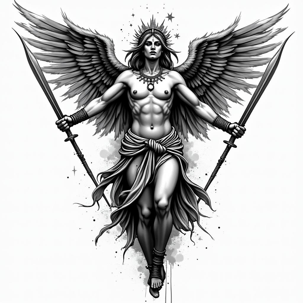 Athena, the goddess of war, firein graffiti style tattoo, featuring bold and dynamic street art elements, spray-paint texture with exaggerated lines and expressive, chaotic brushstrokes, intricate lettering incorporated with graffiti tags, symbols like hearts, stars, and wings - Variation 4