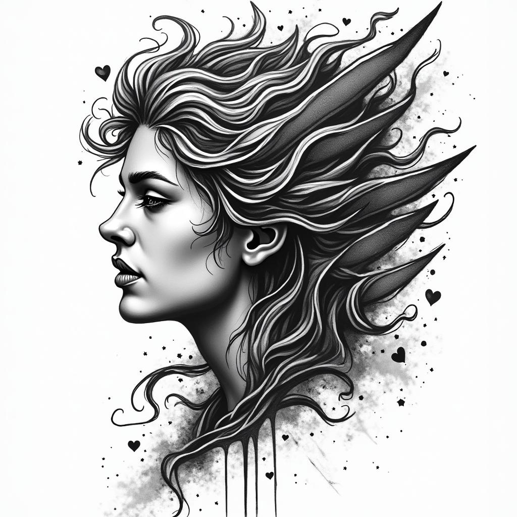 Athena, the goddess of war, firein graffiti style tattoo, featuring bold and dynamic street art elements, spray-paint texture with exaggerated lines and expressive, chaotic brushstrokes, intricate lettering incorporated with graffiti tags, symbols like hearts, stars, and wings - Variation 3