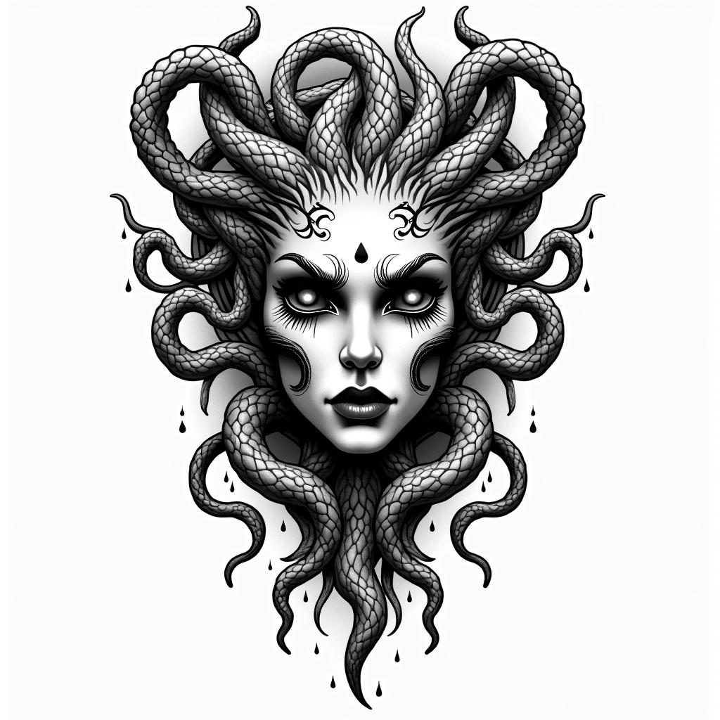 Medusain authentic tattoo style, incorporating traditional modifications, bold black outlines, solid color fills, featuring classic authentic elements - Variation 8