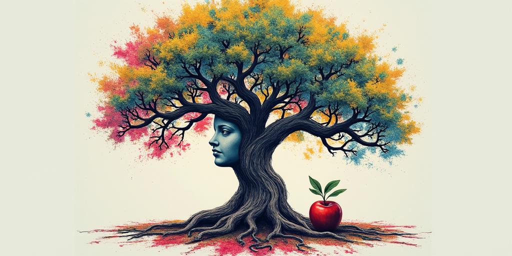 Tree of life,1apple hanging, 1 on groundin distorted and fragmented tattoo design, featuring a classical statue bust, in a glitch art style with vibrant, overlapping colors of cyan, magenta, and yellow, creating a digital distortion effect