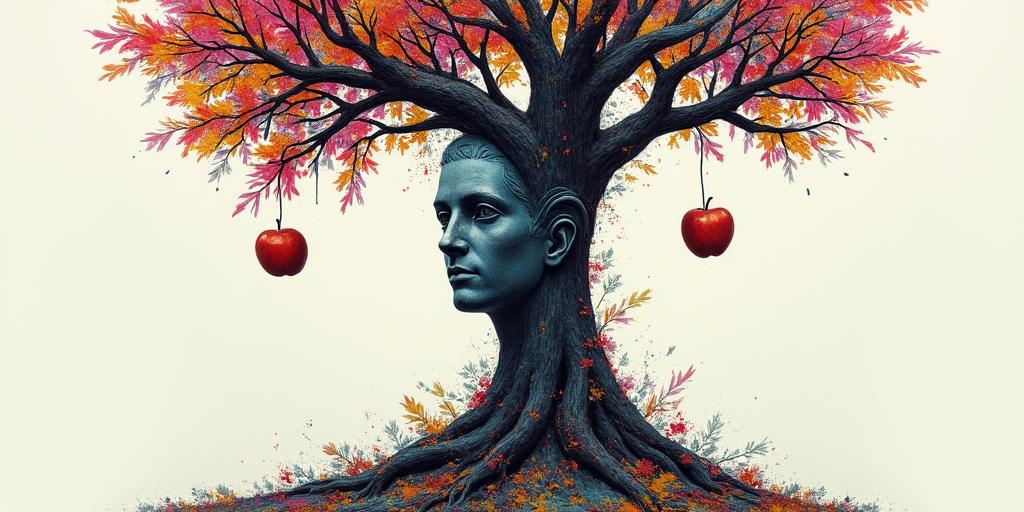 Tree of life,1apple hanging, 1 on groundin distorted and fragmented tattoo design, featuring a classical statue bust, in a glitch art style with vibrant, overlapping colors of cyan, magenta, and yellow, creating a digital distortion effect - Variation 3