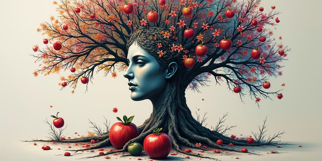 Tree of life,1apple hanging, 1 on groundin distorted and fragmented tattoo design, featuring a classical statue bust, in a glitch art style with vibrant, overlapping colors of cyan, magenta, and yellow, creating a digital distortion effect - Variation 4