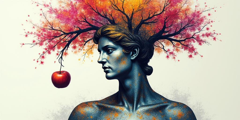 Tree of life,1apple hanging, 1 on groundin distorted and fragmented tattoo design, featuring a classical statue bust, in a glitch art style with vibrant, overlapping colors of cyan, magenta, and yellow, creating a digital distortion effect - Variation 2