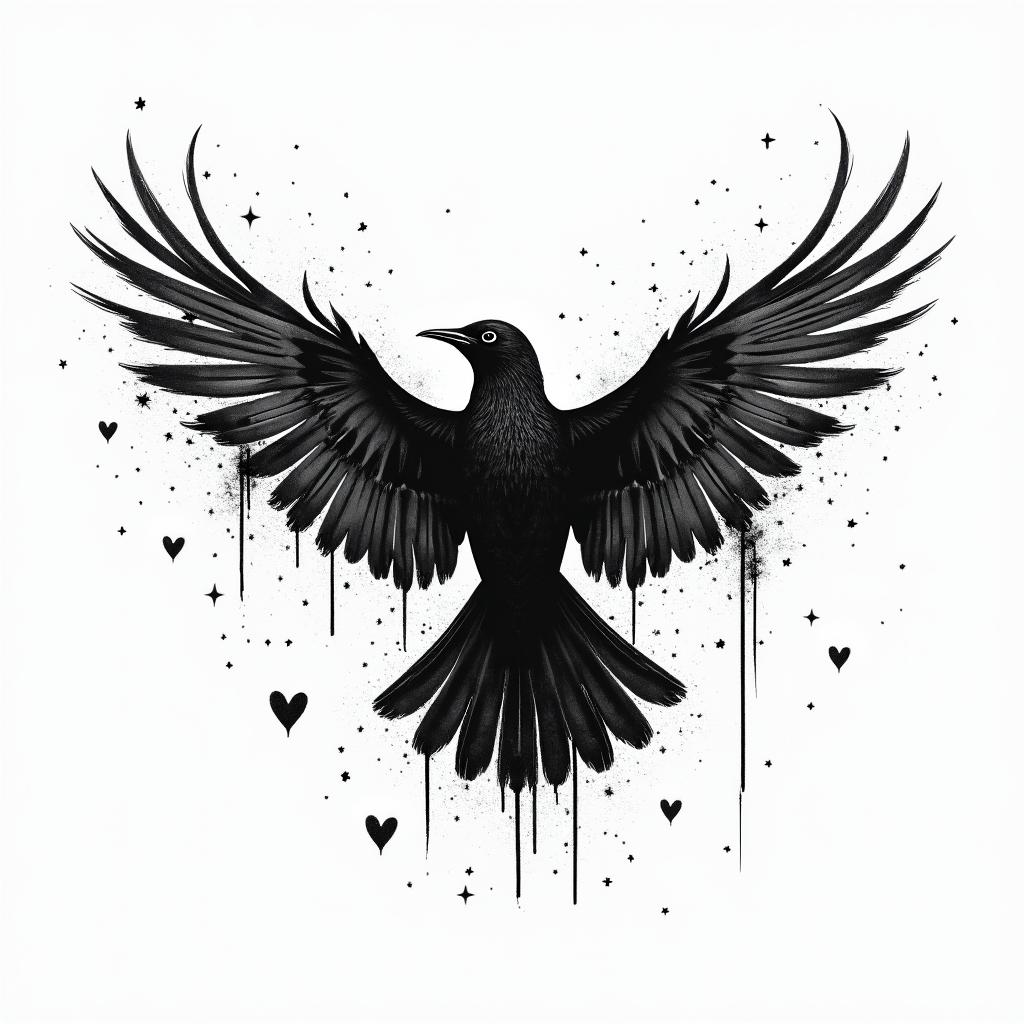 Magpiesin graffiti style tattoo, featuring bold and dynamic street art elements, spray-paint texture with exaggerated lines and expressive, chaotic brushstrokes, intricate lettering incorporated with graffiti tags, symbols like hearts, stars, and wings - Variation 2