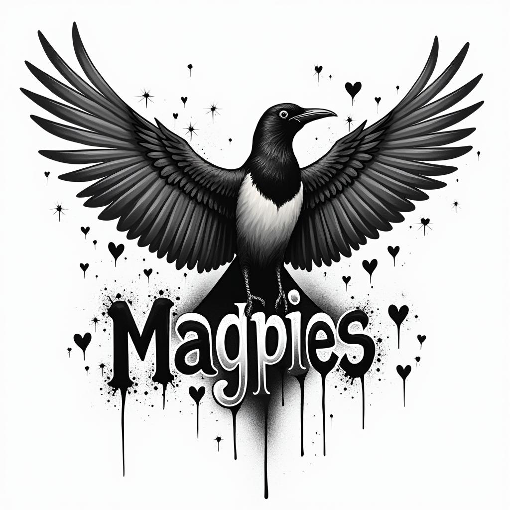 Magpiesin graffiti style tattoo, featuring bold and dynamic street art elements, spray-paint texture with exaggerated lines and expressive, chaotic brushstrokes, intricate lettering incorporated with graffiti tags, symbols like hearts, stars, and wings - Variation 3