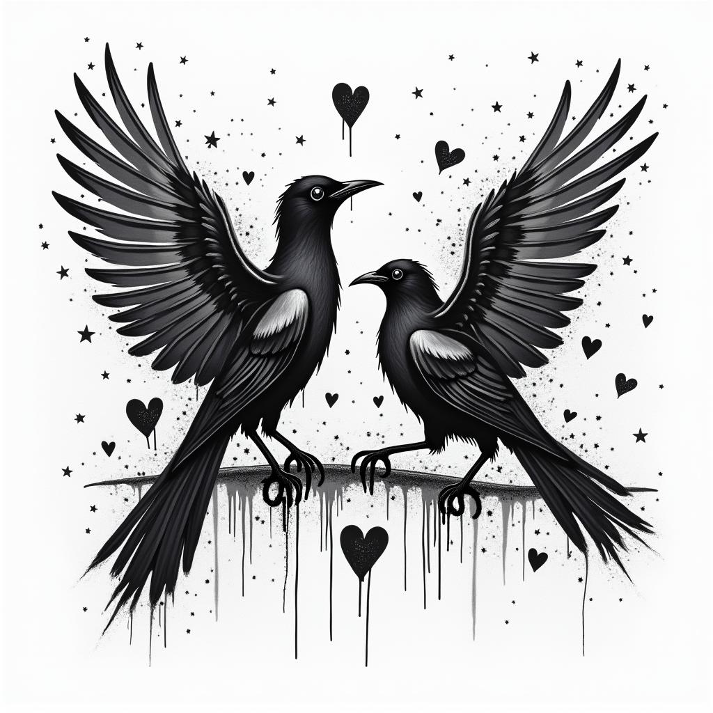 Magpiesin graffiti style tattoo, featuring bold and dynamic street art elements, spray-paint texture with exaggerated lines and expressive, chaotic brushstrokes, intricate lettering incorporated with graffiti tags, symbols like hearts, stars, and wings