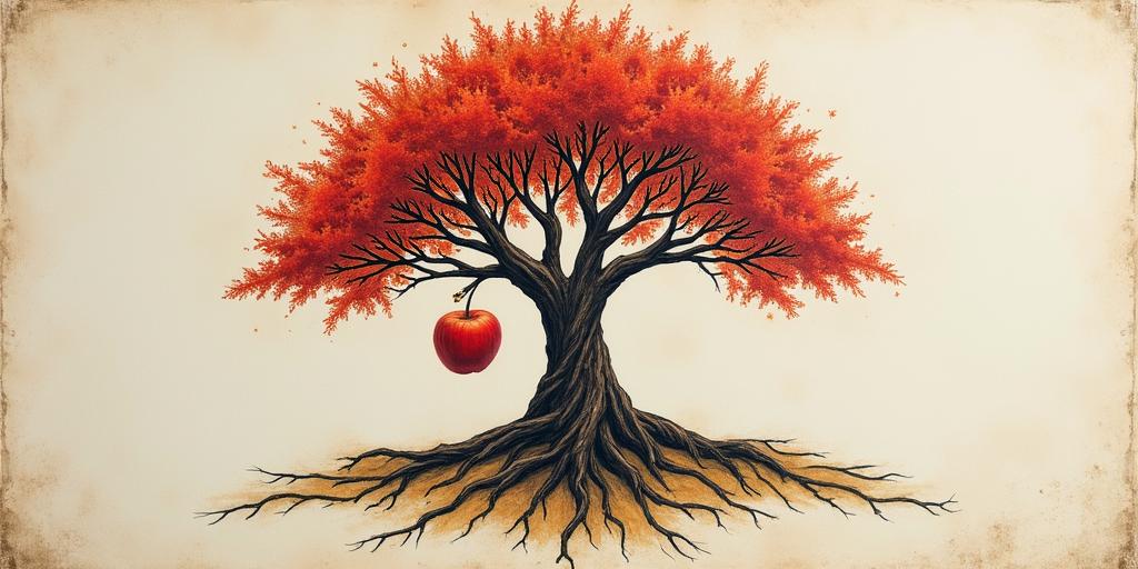 Tree of life,1apple hanging, 1 on groundin new school tattoo, pop culture, modern, detailed tattoo, illustrative - Variation 4