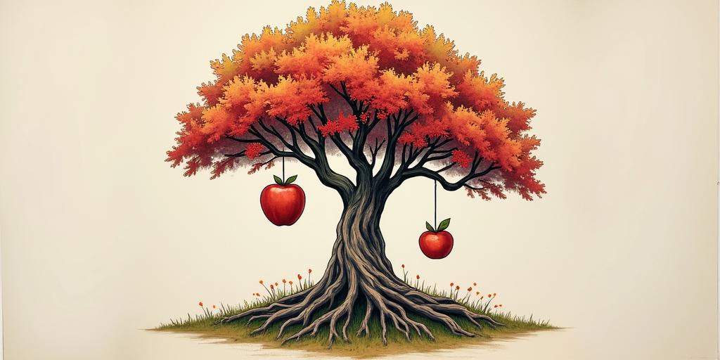 Tree of life,1apple hanging, 1 on groundin new school tattoo, pop culture, modern, detailed tattoo, illustrative