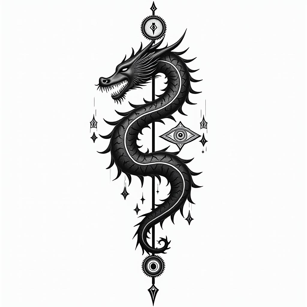 Islamic art. Dragon.in spiritual symbols tattoo style, featuring an intricate design incorporating elements, Hamsa hand, third eye, minimalist composition - Variation 5