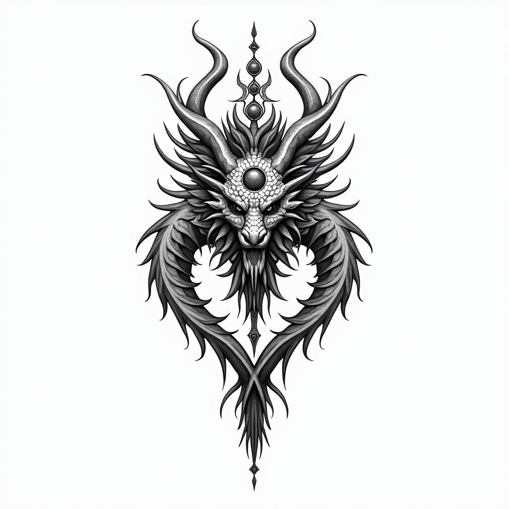 Islamic art. Dragon.in spiritual symbols tattoo style, featuring an intricate design incorporating elements, Hamsa hand, third eye, minimalist composition
