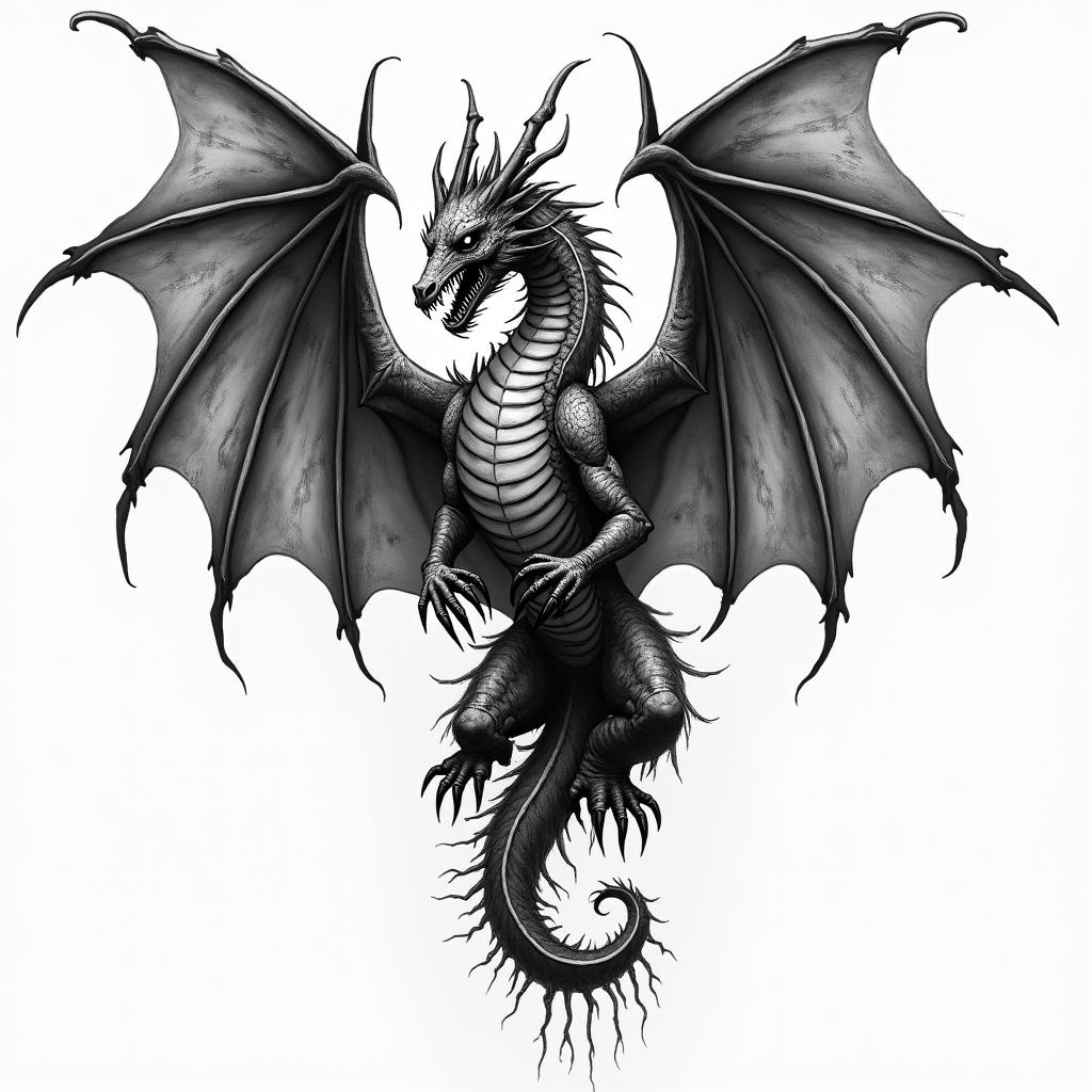 Lightning and fire dragon in horror tattoo style, showcasing haunting and unsettling, dark and gritty textures with skulls, eerie faces, jgged designs, bold and intense shading - Variation 4