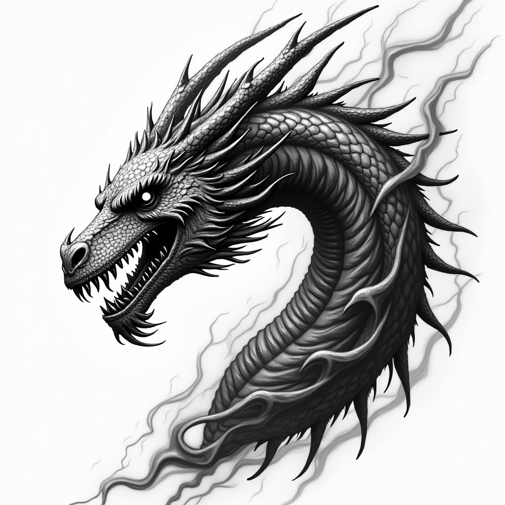 Lightning and fire dragon in horror tattoo style, showcasing haunting and unsettling, dark and gritty textures with skulls, eerie faces, jgged designs, bold and intense shading - Variation 2