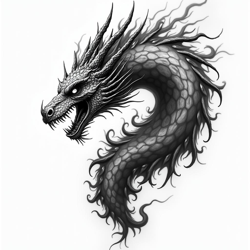 Lightning and fire dragon in horror tattoo style, showcasing haunting and unsettling, dark and gritty textures with skulls, eerie faces, jgged designs, bold and intense shading