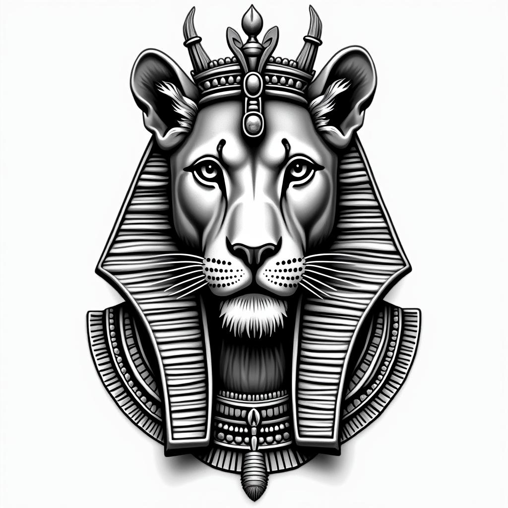 Lioness with crown on headin egyptian style tattoo, bold elements of ancient egyptian culture including a portrait of an Egyptian pharaoh with detailed facial features, in hieroglyphs and symbolic imagery, eye of horus, ankh symbol, scarab beetle - Variation 6