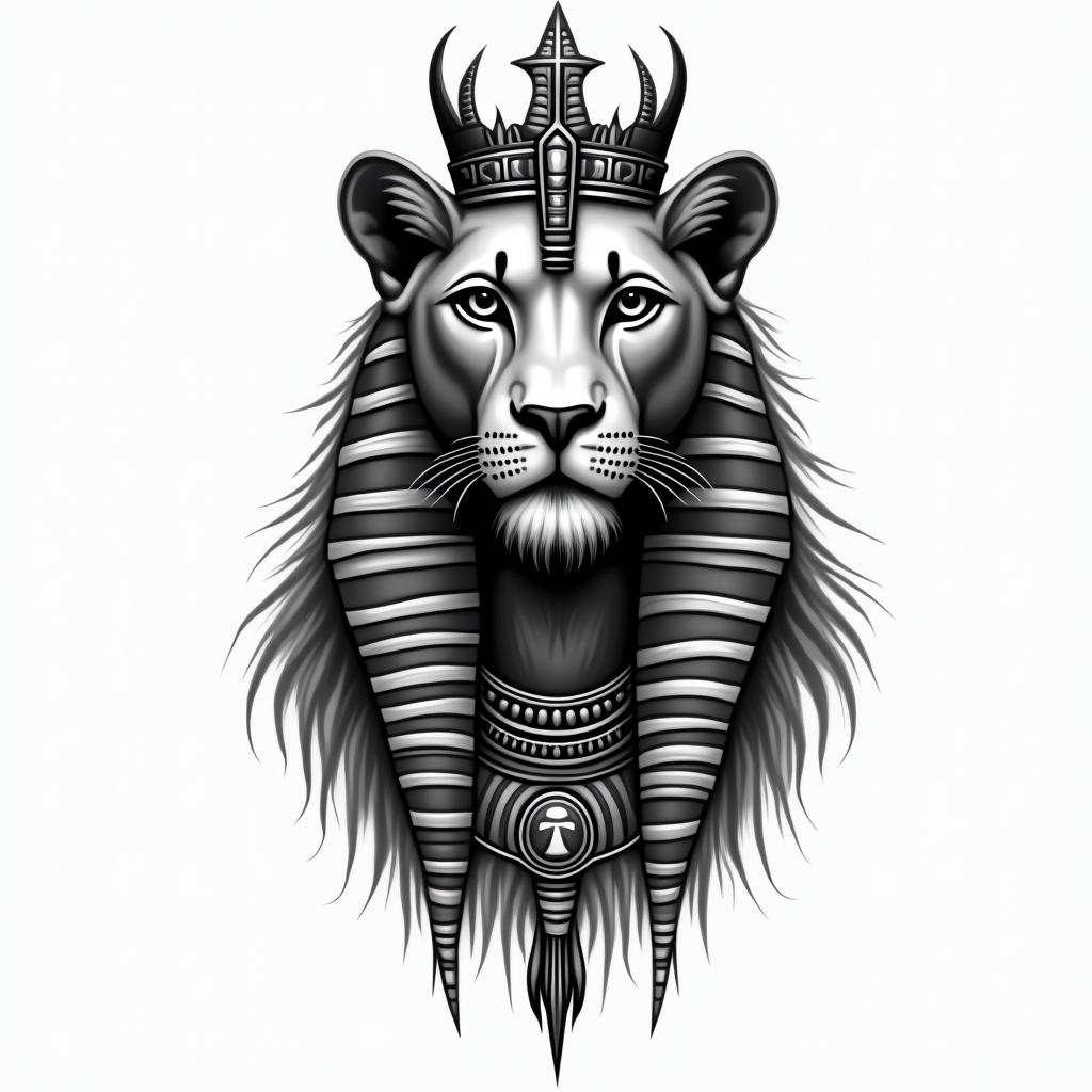 Lioness with crown on headin egyptian style tattoo, bold elements of ancient egyptian culture including a portrait of an Egyptian pharaoh with detailed facial features, in hieroglyphs and symbolic imagery, eye of horus, ankh symbol, scarab beetle - Variation 7