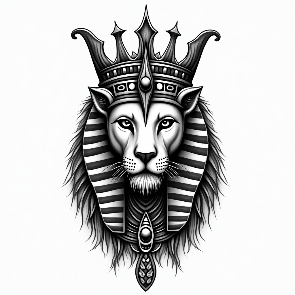 Lioness with crown on headin egyptian style tattoo, bold elements of ancient egyptian culture including a portrait of an Egyptian pharaoh with detailed facial features, in hieroglyphs and symbolic imagery, eye of horus, ankh symbol, scarab beetle - Variation 5