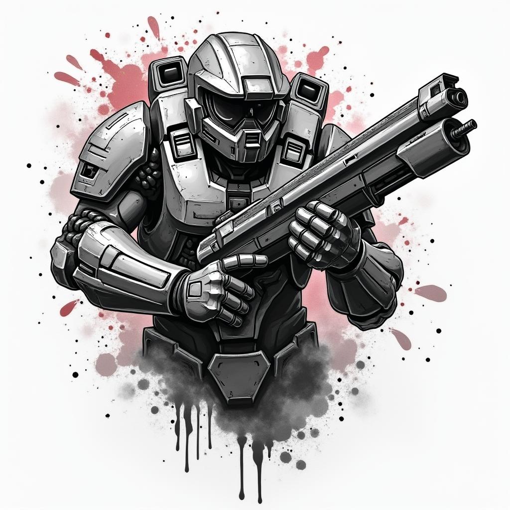 Doom slayer battling halo master chiefin graffiti style tattoo, featuring bold and dynamic street art elements, spray-paint texture with exaggerated lines and expressive, chaotic brushstrokes, intricate lettering incorporated with graffiti tags, symbols like hearts, stars, and wings - Variation 3