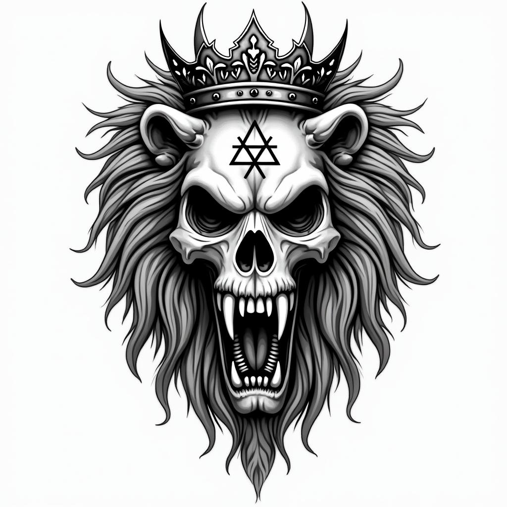 Lioness with crown on headcreepy horror tattoo style, featuring an eerie and unsettling skull of a demonic creature, distorted face with sharp fangs, add pentagram symbol
