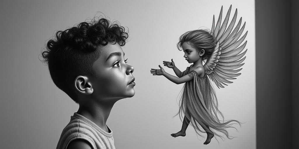 Little boy looking up at floating mom angel asking...." Are you proud of me now mom?"in spiritual symbols tattoo style, featuring an intricate design incorporating elements, Hamsa hand, third eye, minimalist composition