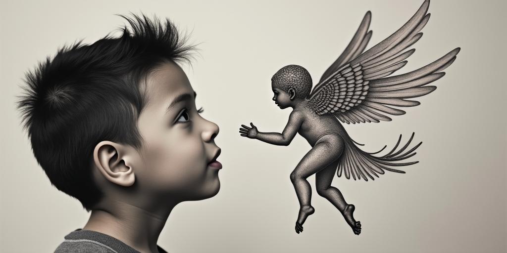 Little boy looking up at floating mom angel asking...." Are you proud of me now mom?"in spiritual symbols tattoo style, featuring an intricate design incorporating elements, Hamsa hand, third eye, minimalist composition - Variation 3