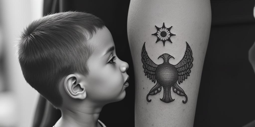Little boy looking up at floating mom angel asking...." Are you proud of me now mom?"in spiritual symbols tattoo style, featuring an intricate design incorporating elements, Hamsa hand, third eye, minimalist composition - Variation 2